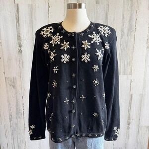 Vintage Snowflake Cardigan black Beaded Holiday Fair Isle Sweater Christmas‎